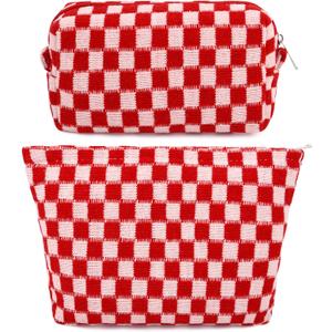 SOIDRAM 2 Pcs Checkered Makeup Bag Large Cosmetic Bag Toiletry Bag Makeup Pouch Travel Bag Organizer Cute Makeup Brushes Aesthetic Accessories Storage Bag for Women Red