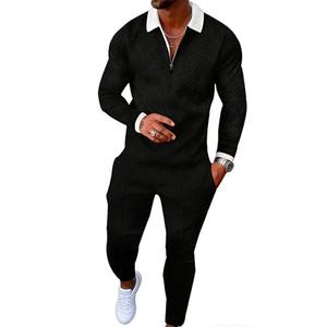 Kubsid Size S Black with White Collar Men's Polo Sweatsuit Sets Long Sleeve 2 Piece Outfit Fashion Jogging TrackSuit Comfy Casual Set for Men