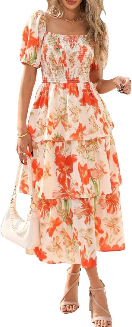 BTFBM Womens Square Neck Smocked Dress Summer Puff Short Sleeve Floral Casual Ruffle Tiered Maxi Wedding Guest Dresses (Medium, Floral Apricot Orange)