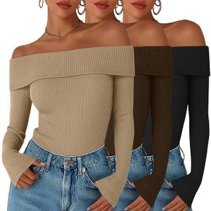3 Pack Women's Off The Shoulder Sweaters Long Sleeve Ribbed Knit Top Slim Fit Fall Shirt Going Out Pullover Sweater XXL