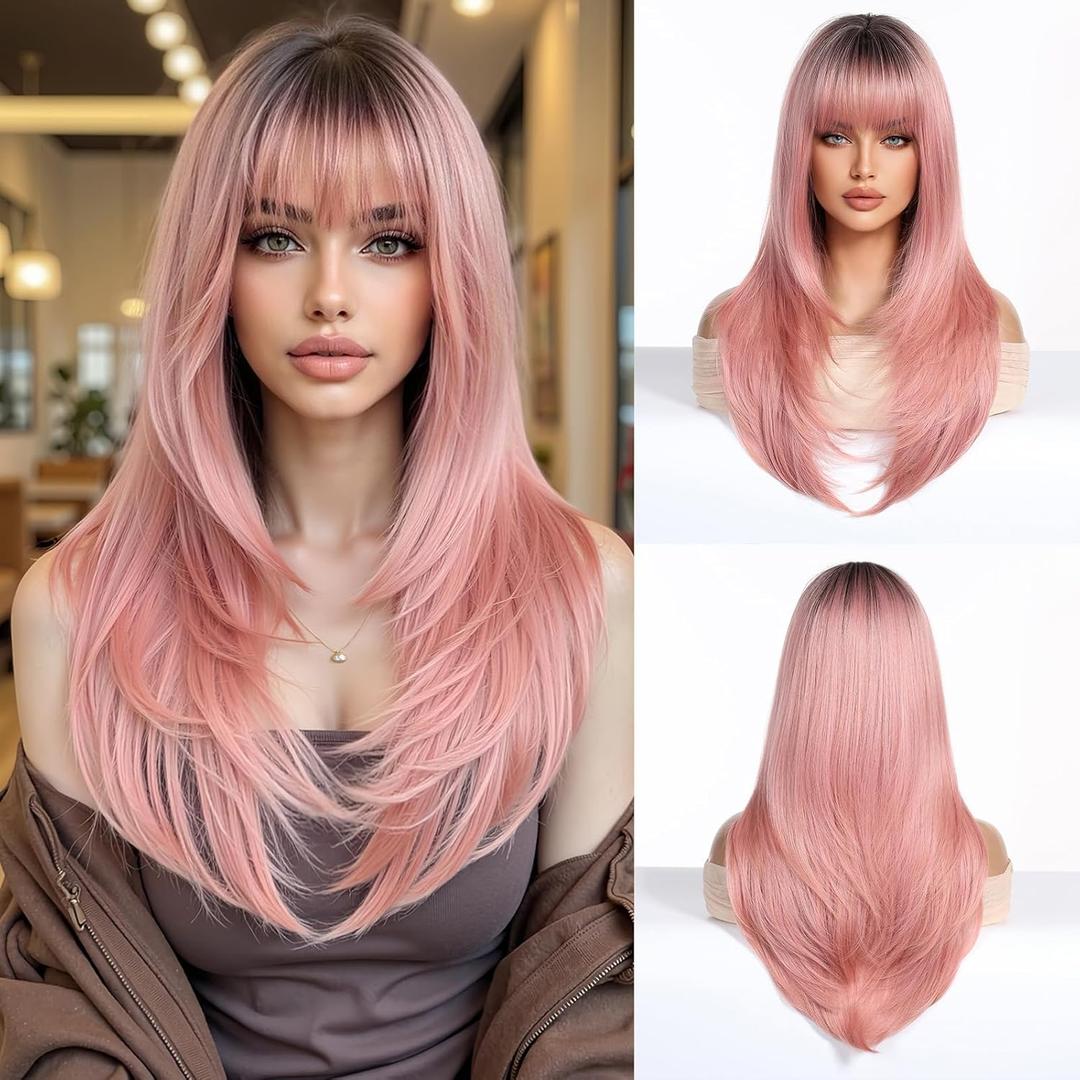 Esmee Long Straight Ombre Pink hair Bangs Layered wig for Women Breathable Comfortable Natural Realistic Women Party Wigs Use-24 Inches