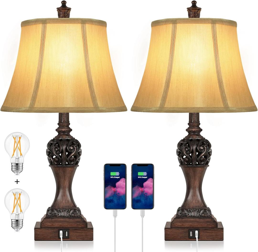 Set of 2 Touch Control 3-Way Dimmable Table Lamps with 2 USB Charging Ports Traditional Bedside Lamps with Bell Shape Faux Silk Shade & Brown Base for Bedroom Nightstand Living Room LED Bulbs Included