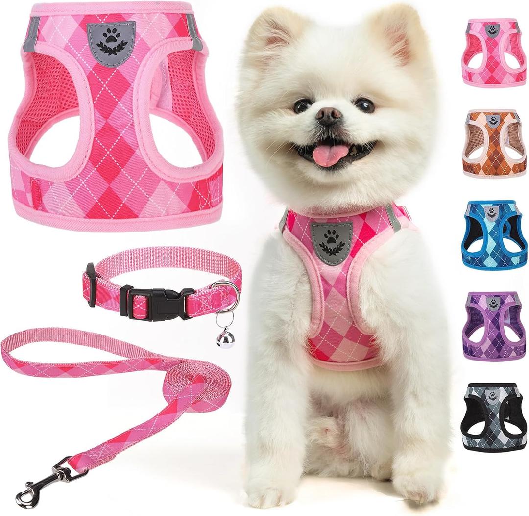 SCENEREAL Small Dog Harness and Leash Collar Set, Step in No Pull Soft Mesh Dog Harnesses for Dogs Puppy and Cats Outdoor Walking, No Chock Reflective Vest Harness, Pink Plaid XS (XS: Chest Girth: 13"-14.5")