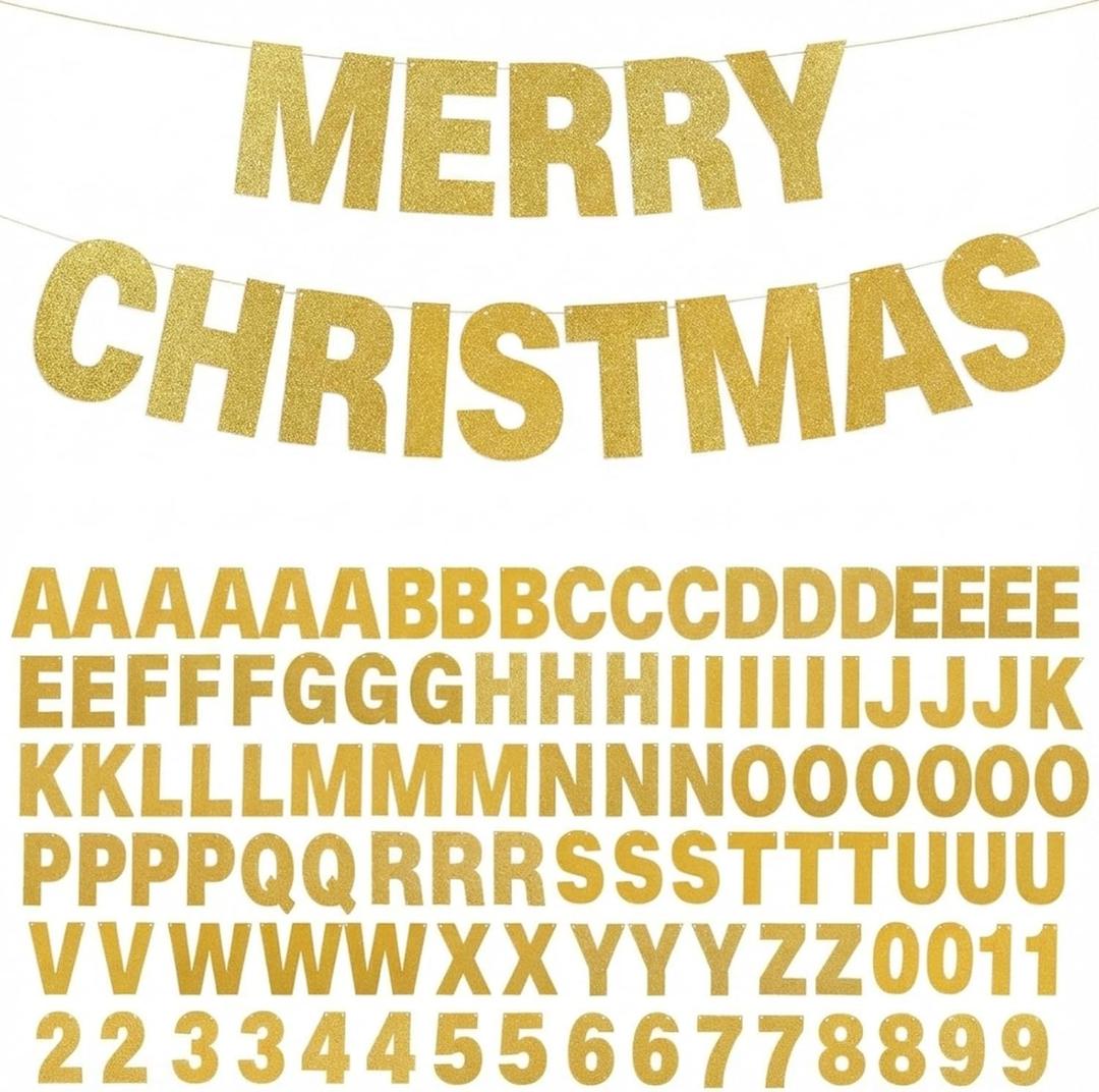 TaoBary 112 Pcs DIY Letter Kit Glitter Customizable Banner Letters Include 107 Letters and Numbers 3 Rope and 2 Needles for Birthday Halloween Christmas Wedding Valentine Party Decor(Gold)