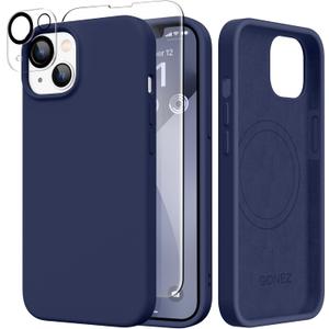 GONEZ Magnetic for iPhone 14 Case, Compatible with Magsafe, with Screen Protector + Camera Protector, Anti-Scratch Microfiber Lining, Liquid Silicone Shockproof Protective Phone Case, Midnight Blue