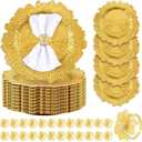 Dandat 100 Pcs Charger Plate Bulk 13'' Floral Reef Plates with Napkin Ring Plastic Dinner Charger Hollow Out Flower Napkin Holder Plastic Plate for Table Setting Wedding Party (Gold)
