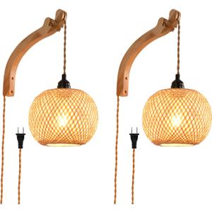 Plug in Wall Sconce,Farmhouse Wicker Wall Lamp Plug in,Hand Woven Rattan Wall Light Farmhouse Rustic Boho Sconces Wall Lighting for Living Room Bedroom (2 PACK, 2 Packs Bamboo)