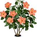 Artificial Hibiscus Tree 2.95ft Tall Real Touch Fake Tree with Orange Flowers Potted Faux Plant Indoor Realistic Floor Plants for Front Porch Outdoor Home, Patio Decor