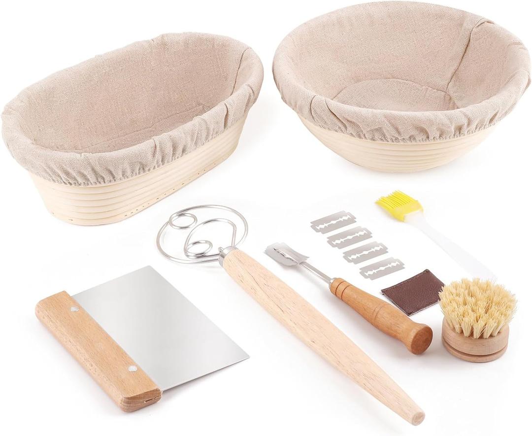 Bread Proofing Baskets Set of 2, 10 inch Oval & 8.5 inch Round Dough Proofing Bowls w/Liners Perfect for Sourdough Bread Baking, Bakers Baking, Gifts for Bakers, Bread Making Kit