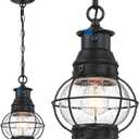 Dusk to Dawn Outdoor Pendant Lights for Porch, Farmhouse Black Outdoor Chandelier for Gazebo, Exterior Hanging Porch Light Fixture with Seeded Glass for Front Door Patio Foyer Entryway