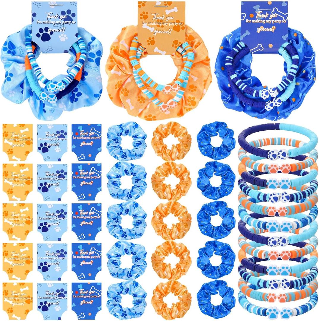 Suncalla 45 Pcs Blue Dog Theme Party Favor Blue and Orange Paw Print Bracelet and Scrunchie Bulk Cartoon Thank You Gift Cards for Girls Birthday Party Decor Silk Hair Ties Paw Friendship Bracelets