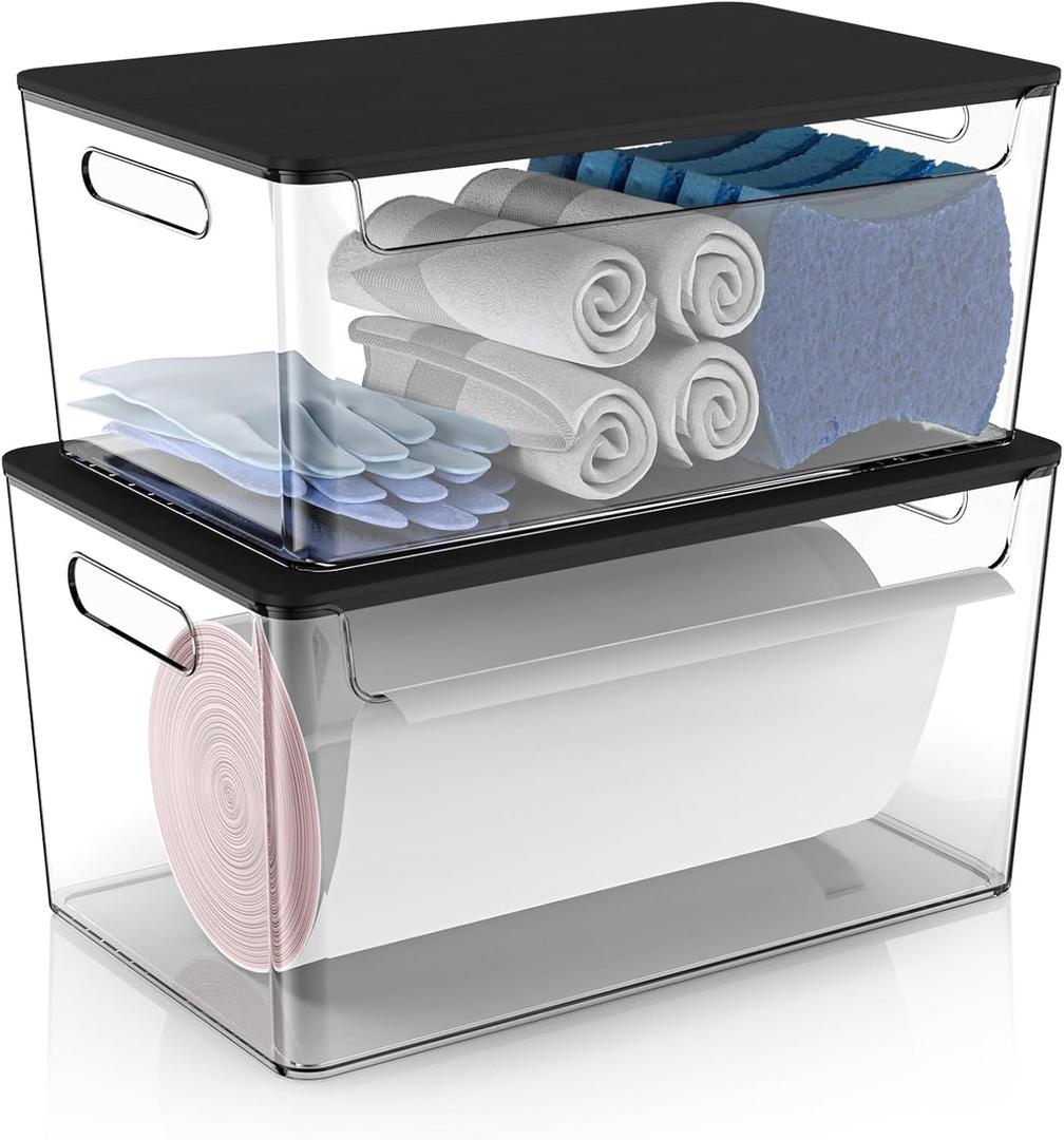 COAZEX 2 Pack Trash Bag Holder Under Sink Stackable, Plastic Garbage Bag Dispenser with Lid, Trash Bag Storage Dispenser Roll Holder for Kitchen, Pantry, Laundry Room Organization (Black Lid)