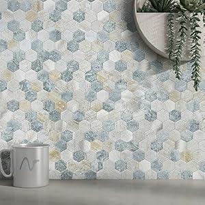 MOFIT Hexagon Peel and Stick Backsplash Tiles Kitchen,Self-Adhesive Metal and Marble Honeycomb Peel and Stick Wall Tiles Sticker Mosaic Heat Resistant(Beige,10sheets)