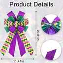 Large Mardi Gras Bows for Wreath, Green Purple Glitter Decorations, Fat Tuesday Holiday Tree Topper, Front Door Decor (Style 1: Wave)