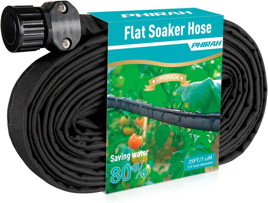 Flat Soaker Hose for Garden Bed, 25FT 1/2" Linkable Consistent Drip Irrigation Hose Save 80% Water Leakproof Heavy Duty Double Layer Sprinkler Garden Hose with Holes