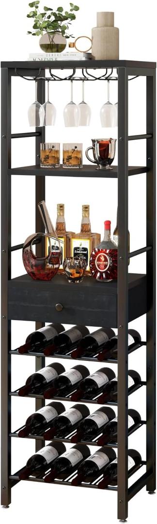 IBUYKE Wine Rack Freestanding Floor, Bar Cabinet for Liquor and Glasses,Coffee Bar Cabinet 4-Tier Wood bar Cabinet,Glass Holder and Storage Drawer for Home Bar Kitchen Living Room,Black UTMJ905B