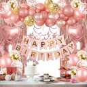 Rose Gold Birthday Party Decorations, Happy Birthday Banner, Rose Gold Fringe Curtain, Heart Star Foil Confetti Balloons, Hanging Swirls for Women Girls Birthdays Princess Party