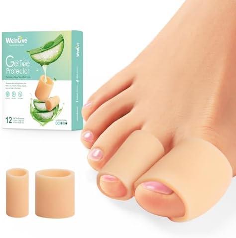Welnove Toe Protectors – 12-Pack Aloe Vera Extract Infused Silicone Toe Sleeve Toe Covers for Hammer Toes, Corns, Calluses, Blisters – Soft Gel Toe Cushions for Pain Relief