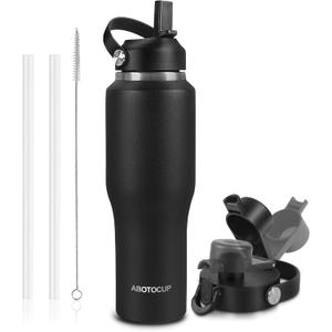 ABOTOCUP 32oz Black Water Bottle Stainless Steel, Keep Cold 24H&Hot 12H, Water Bottle with Straw&Spout Lids, Insulated Water Bottle Double Wall Vacuum, Fit in Any Car Cup Holder, Leak-proof BPA Free