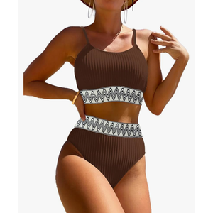 Women's High Waisted Swimsuit Two Piece Ribbed Bikini Sets Crop Top High Cut Cheeky Bathing Suits Brown XL