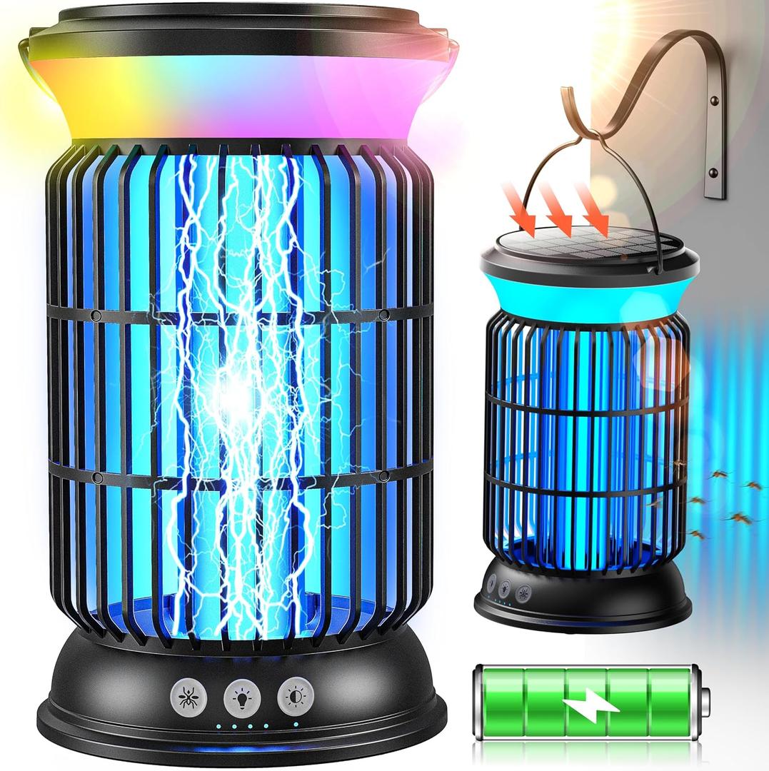 Solar Bug Zapper Outdoor Powerful Electric Bug Zapper with 4-in-1 Modes, Cordless & Rechargeable Insect Zapper, IP66 Waterproof Mosquito Zapper for Camping & Indoor Use