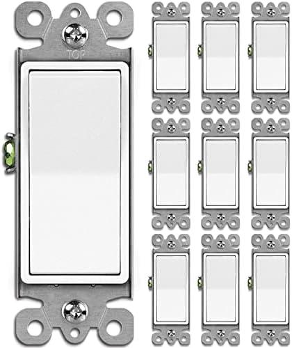 BESTTEN 10 Pack Single Pole Decorator Wall Light Switch, 15A 120/277V, Paddle Light Switch, On/Off Rocker Interrupter, UL Listed, White