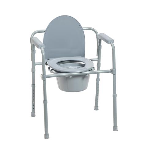 Drive Medical 11148-1 Folding Steel Bedside Commode Chair, Portable Toilet, Supports Individuals Weighing Up To 350 Lbs, with 7.5 Qt. Bucket and 13.5 Inch Seat, Grey