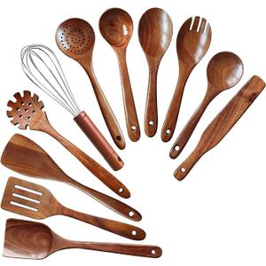 Wooden Spoons for Cooking 11 Pieces Set, High Quality Wooden Kitchen Utensil Set, Wooden Utensil Set, With Strainer Spoon, Pasta server, Fried Spatula and Salad Fork, Egg Beater, Butter Spreader