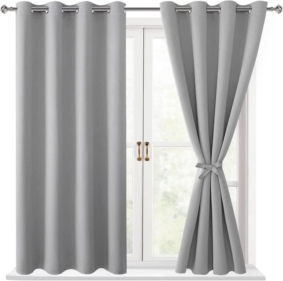 Hiasan Blackout Curtains for Bedroom, 52 x 54 Inches Long - Thermal Insulated & Light Blocking Window Curtains for Living Room, 2 Drape Panels Sewn with Tiebacks, Silver Grey