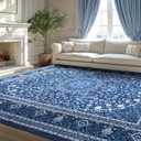 Lessymo Area Rugs 10 x 14 for Living Room, Machine Washable Area Rugs Boho Faux Wool Low Pile Area Rug for Bedroom, Floral Medallion Vintage Rugs with Non-Slip Rubber, Kid & Pet Friendly,Blue White