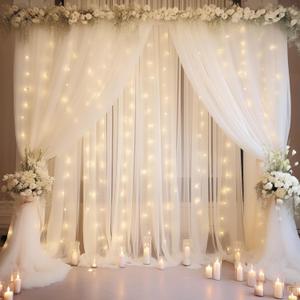 2010ft White Tulle Backdrop Curtain with Lights String for Parties, Sheer Photo Backdrop Curtains for Wedding Ceremony Birthday Party Bridal Shower Decoration (20ftx10ft)