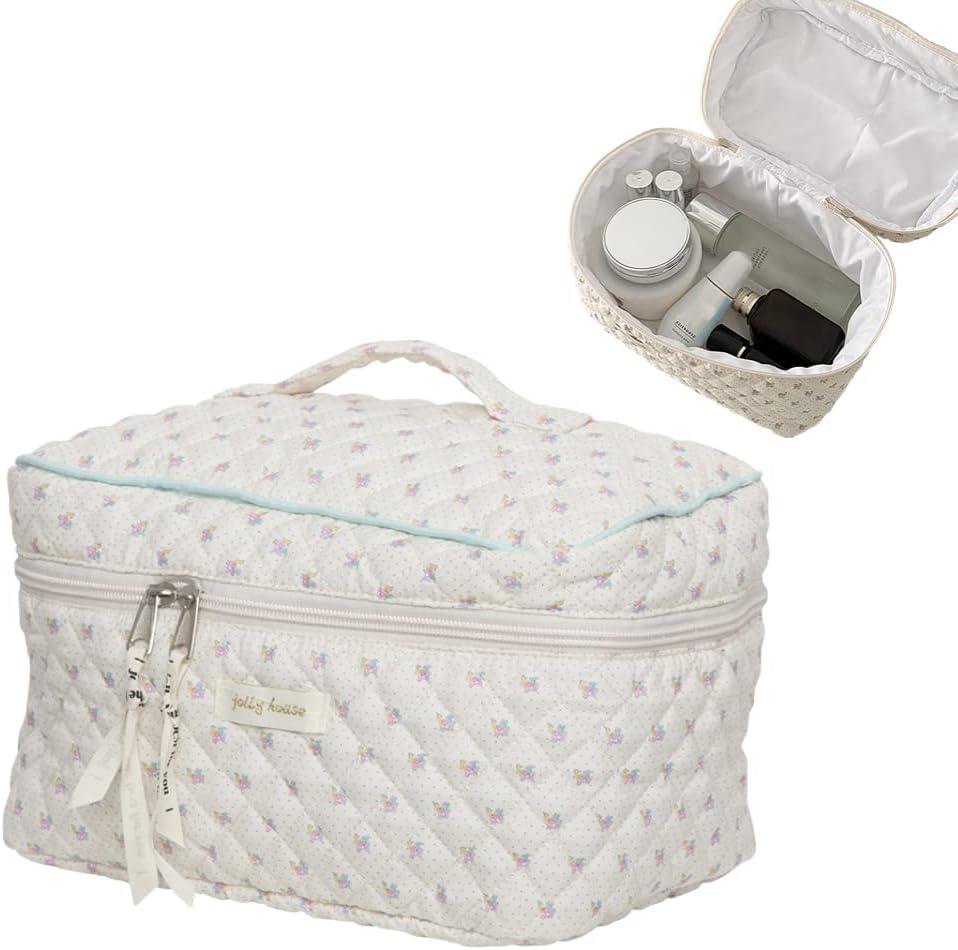 Aesthetic Kawaii Cute Makeup Bag Travel Cotton Quilted Cosmetic Organizer with Handle Toiletry Pouch for Women Teen Girls (Beige Floral)