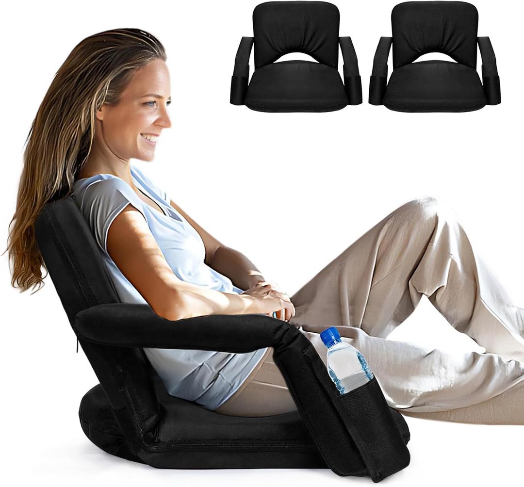 2 Pack Stadium Seats for Bleachers with Upgraded Armrests and Strong Back Support, Bleacher Seats with Extra Wide Cushion, 6.6LBS Lightweight, 6 Reclining Positions, Floor Chair for Indoor Outdoor