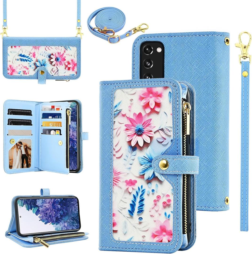 Floral Wallet Case for Samsung Galaxy S20 FE 5G 6.5 inch with Wrist Strap Shoulder Strap Flip Zipper Purse Stand Phone Cover for S 20 EF UW 2022 S20FE5G S20FE 20S S2O Fan Edition 4G G5 Blue
