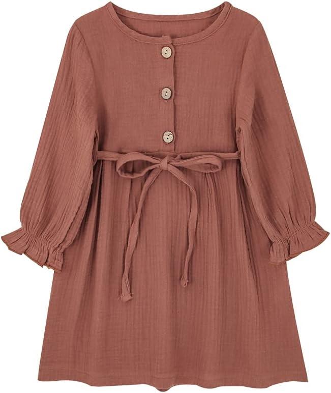 Toddler Baby Girl Cotton Linen Dress Long Sleeve Crew Neck Dresses Button Down Dresses Casual Spring Fall Dress (5-6 Years, Brick Red)