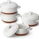 MALACASA Mini Cocotte Set - 12 OZ Small Casserole Dishes for Oven, Ramekins with Lids and Handles, Ceramic Mini Dutch Oven Set of 4, Microwave & Dishwasher Safe, Khaki White, Series TARA