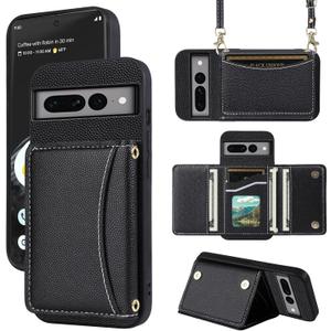 Phone Case for Google Pixel 7 Pro 5G Wallet Cover with Crossbody Shoulder Strap and Leather Credit Card Holder Pocket Slim Cell Accessories Pixel7Pro Pixel7 XL Seven 7Pro 6.7 Girls Black