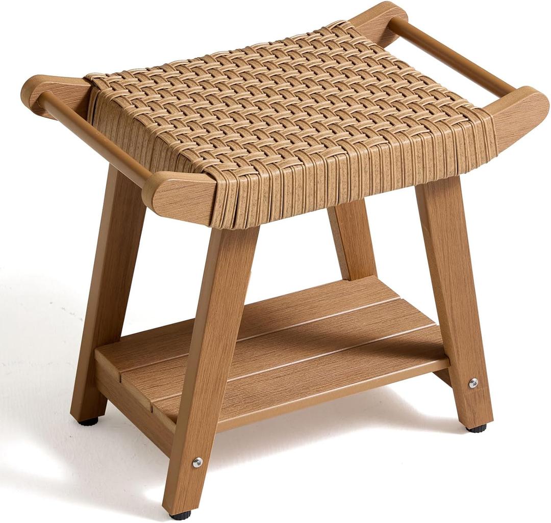 Waterproof Shower Stool for Inside Shower, HDPS Bathroom Bench Seat with Hand Woven Rattan Construction, Soft Comfortable Poly Bath Chair Seat for Spa/Shaving Legs, Weather Resistant/Non-Slip/Handles