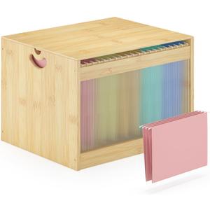 Hanging File Box Organizer for Letter Size, Bamboo Acrylic File Folder Storage with Lid Clear Moving Boxes Wooden with Handle Desktop Wood Filing Holder for Office Banker Document Nature 1 Pack