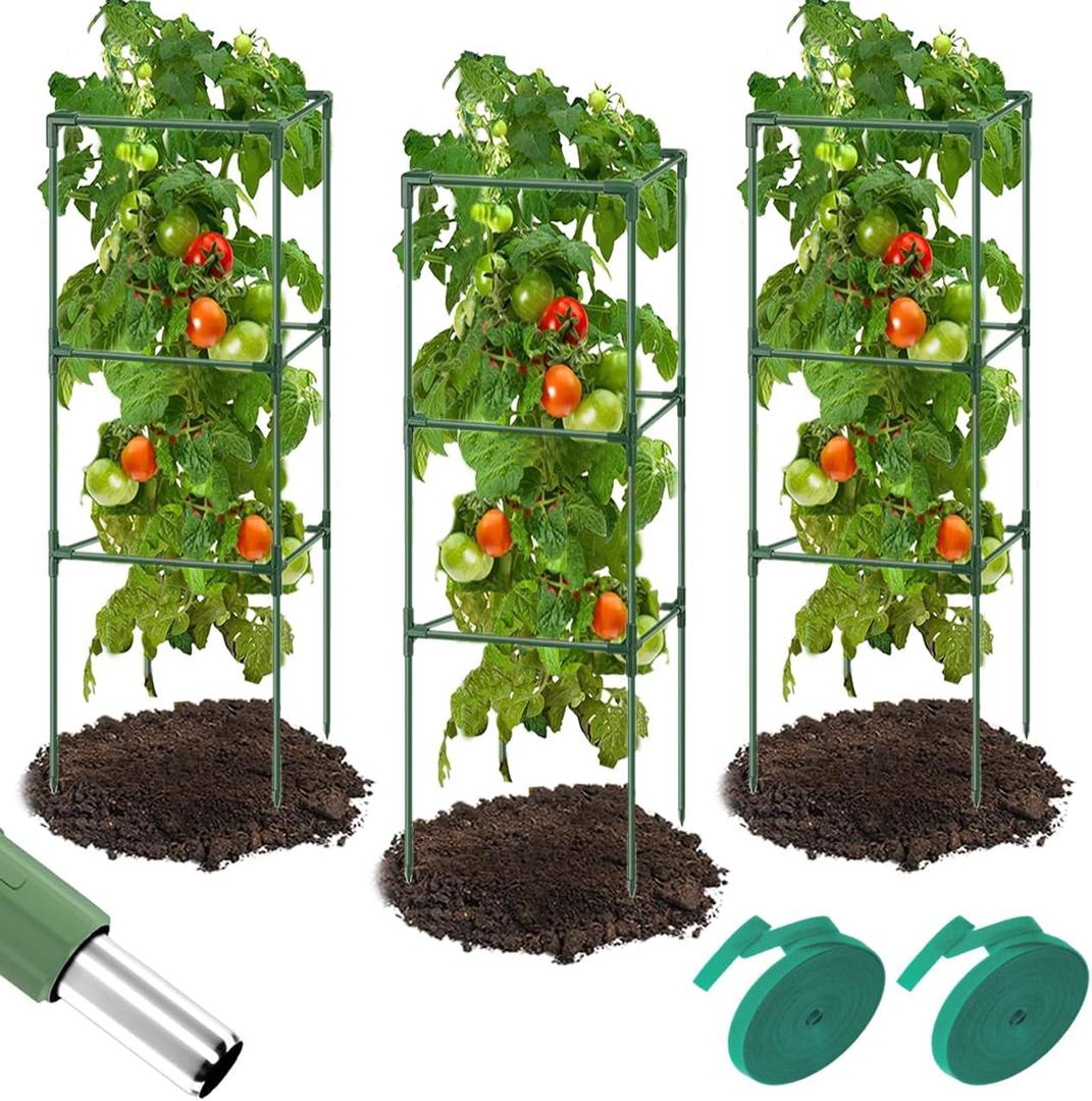 Megidok 3 Pack Tall Square Tomato Cages for Garden, 47" Heavy Duty Tomato Trellis for Raised Garden Bed, Tomato Cages Plant Stakes for Climbing Vegetables Plants Fruits with 33ft Ties