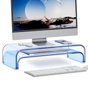 ERGO COLLECT Acrylic Dual Monitor Stand Riser 2 Tier, Modular Laptop Stand for Desk, Multifunctional Desktop Organizer Shelf for PC, iMac, Printer, Detachable Monitor Stand for Office or Home, Blue