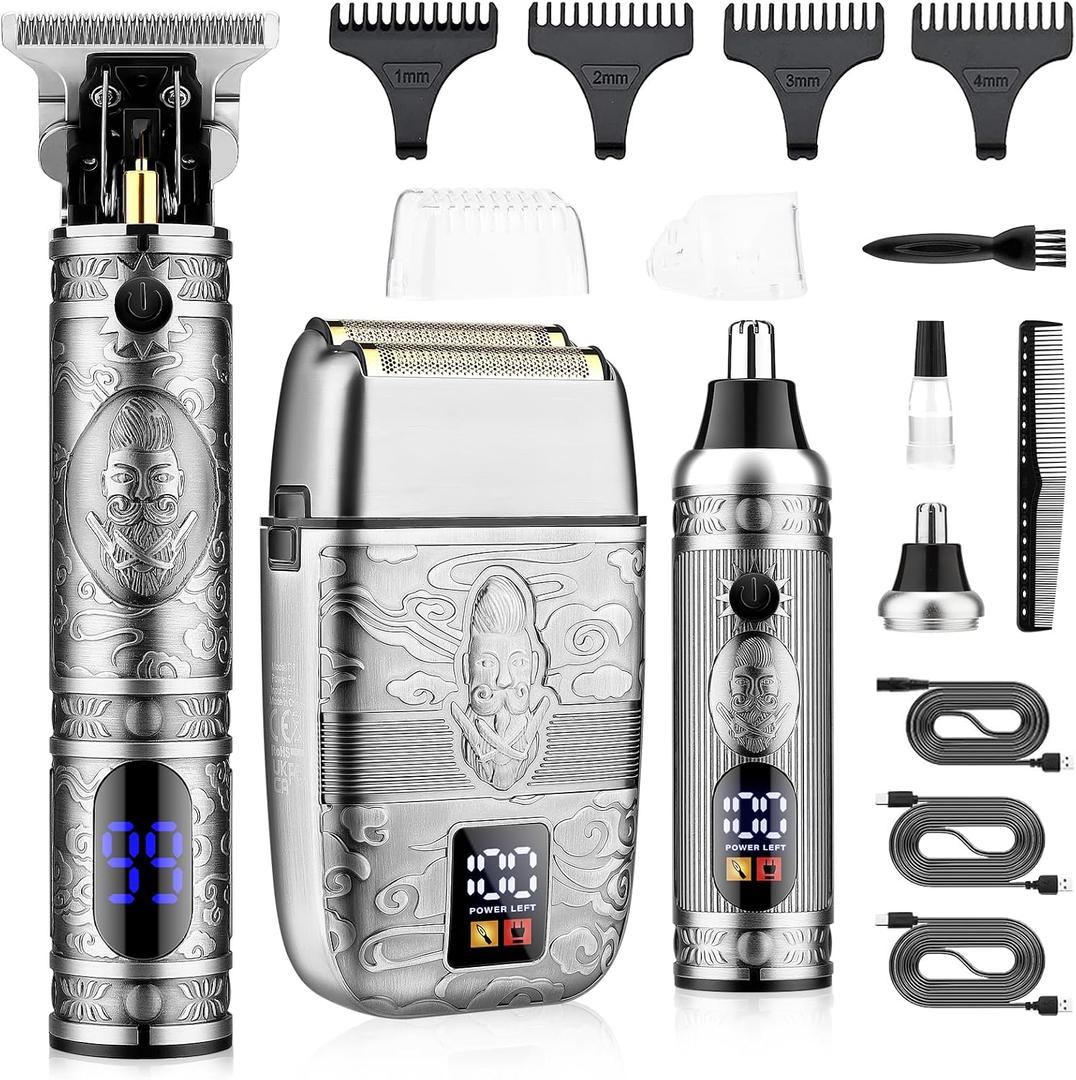 Saoilli Professional Hair Trimmer Hair Clippers for Men, Nose Hair Trimmer Shaver Set,Cordless T-Blade Beard Trimmer Barber Clippers,Electric Razor Foil Shavers for Men Haircut Grooming Kit(Silver)