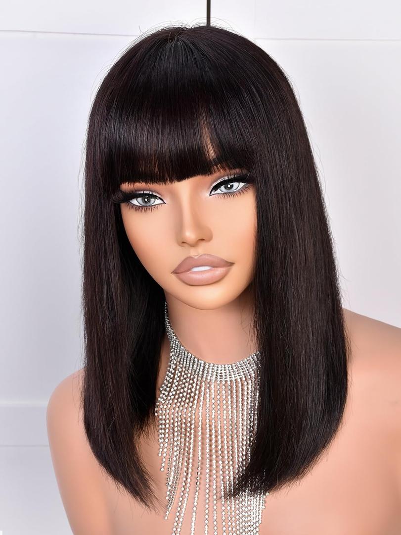 Bob Wig Human Hair 210% Density Bob Wig with Bangs 100% Human Hair Wigs for Black Women Pre-Bleached Glueless Straight Bob Wigs(14Inch,black bob wig)