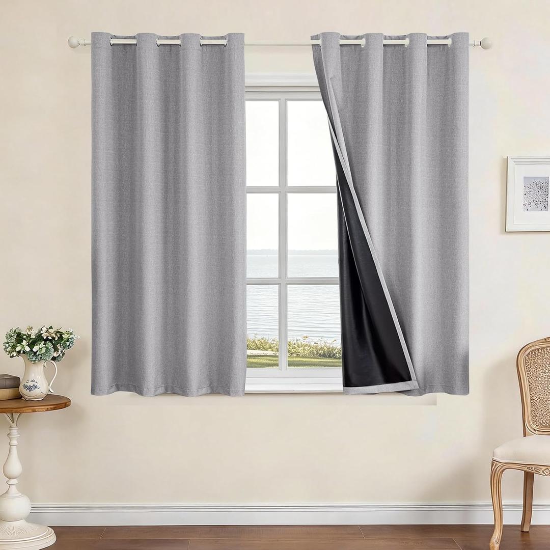 Faux Linen 100% Blackout Curtains for Bedroom, Black Out 45 Inch Curtains, Room Darkening Curtains for Living Room, Short Curtain Grommets Drapes, Thermal Curtains(2 Panels, Light Grey)