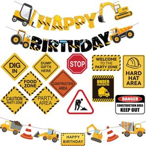14 Packs Construction Happy Birthday Banner Vehicle Truck Garlands and Truck Cutouts Traffic Road Signs Birthday Party Decorations for Kids Boy Baby Shower Decorations (Construction)