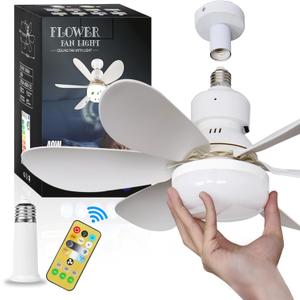Socket Ceiling Fan with Light, 20.5in Screw Ceiling Fans with Lights, E27/E26 Base Small Ceiling Fan with Remote, LED Mini Ceiling Fans for Bedroom/Garage/Kitchen(White)