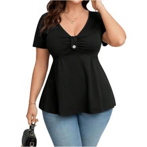 SOLY HUX Women's Plus Size Peplum Tops Casual Ruched Ruffle V Neck Short Sleeve T Shirts Cute Tees (Black, XL)