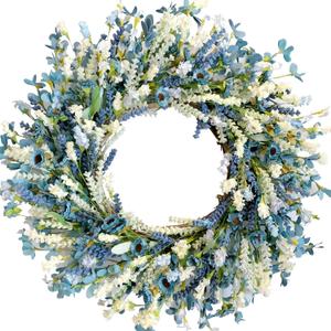 26 Inch Summer Spring Blue Ivory Lavender Flower Wreath for Front Door, Rustic and Farmhouse Wild Flowers Wreath for Inside and Outside, Coastal Blue Home Decorating