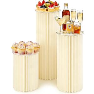 Miory Cylinder Stands for Party, Set of 3 - 15.7"+23.6"+31.5" | Foldable Cardboard with 3 PCS Acrylic Disc, For Birthday Party, Wedding, Family Gathering, Decorative Display