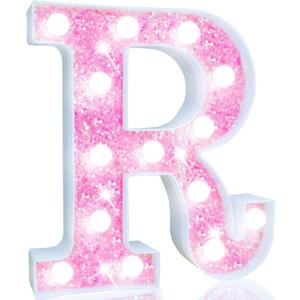 Pooqla LED Marquee Letter Lights, Light Up Pink Letters Glitter Letter Sign for Girls Gifts, Battery Powered for Night Light Birthday Party Wedding Home Bar Christmas Decoration, Cool White Pink R